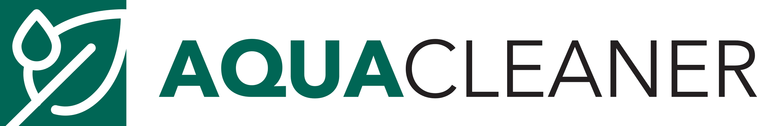 Aqua Cleaner logo med grønt ikon af et blad og en vanddråbe, der symboliserer miljøvenlig ukrudtsbekæmpelse uden kemi.