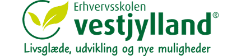Logo for Erhvervsskolen Vestjylland with green leaves and the text 'Joy of life, development and new opportunities'